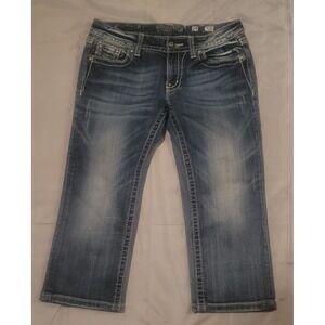 MISS ME Denim Women's 29 JE048C6 Crop‎ Embroidered Thick Stitch Blue Jeans